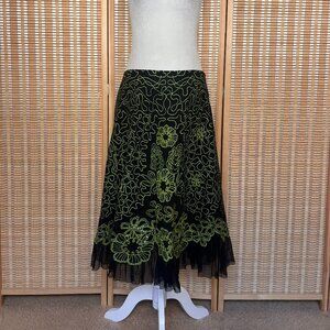 Black and green Basil & Maude beaded floral a line midi skirt with mesh trim
